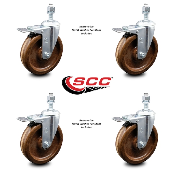 6 Inch High Temp Phenolic Swivel 10mm Stem Caster Set with Total Lock Brake